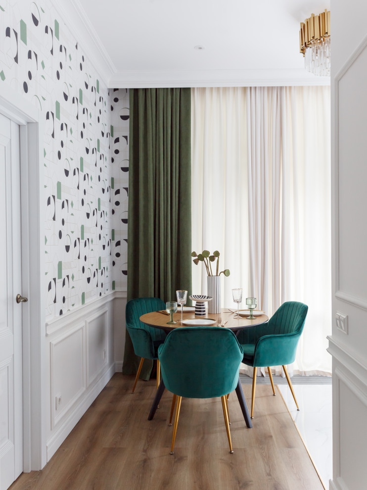 Design ideas for a contemporary dining room in Other with multi-coloured walls, medium hardwood floors, brown floor, decorative wall panelling and wallpaper.