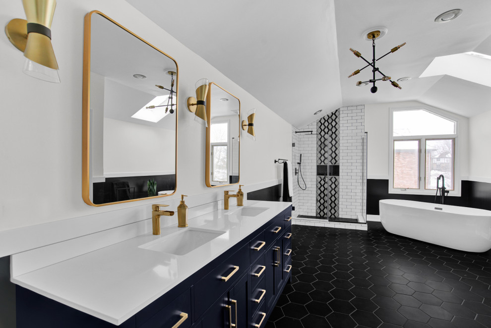 Inspiration for a large modern master bathroom in Chicago with furniture-like cabinets, blue cabinets, a freestanding tub, ceramic floors, an undermount sink, quartzite benchtops, black floor, a hinged shower door, white benchtops, a double vanity and a freestanding vanity.
