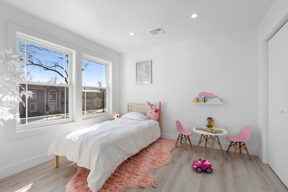 Modern Residential Construction - Kids' bedroom - bedroom and mid-sized modern girl light wood floor, brown floor, shiplap ceiling and wall paneling kids' bedroom idea in Newark with white walls