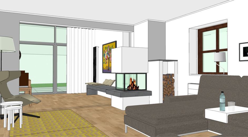 3D Entwurfsskizze Wohnbereich mit Eckkamin