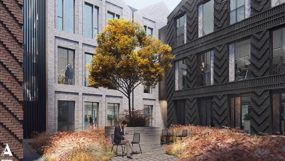 Небольшой офисный комплекс со сложной кирпичной кладкой