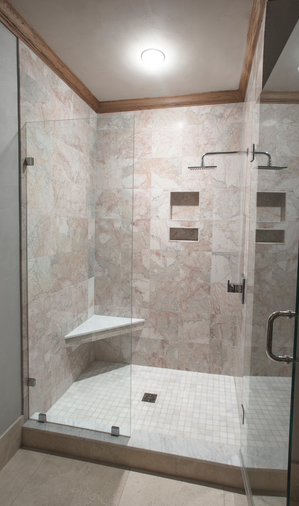 Inspiration for a mid-sized contemporary master bathroom in Denver with beige walls, mosaic tile floors, a corner shower and beige tile.