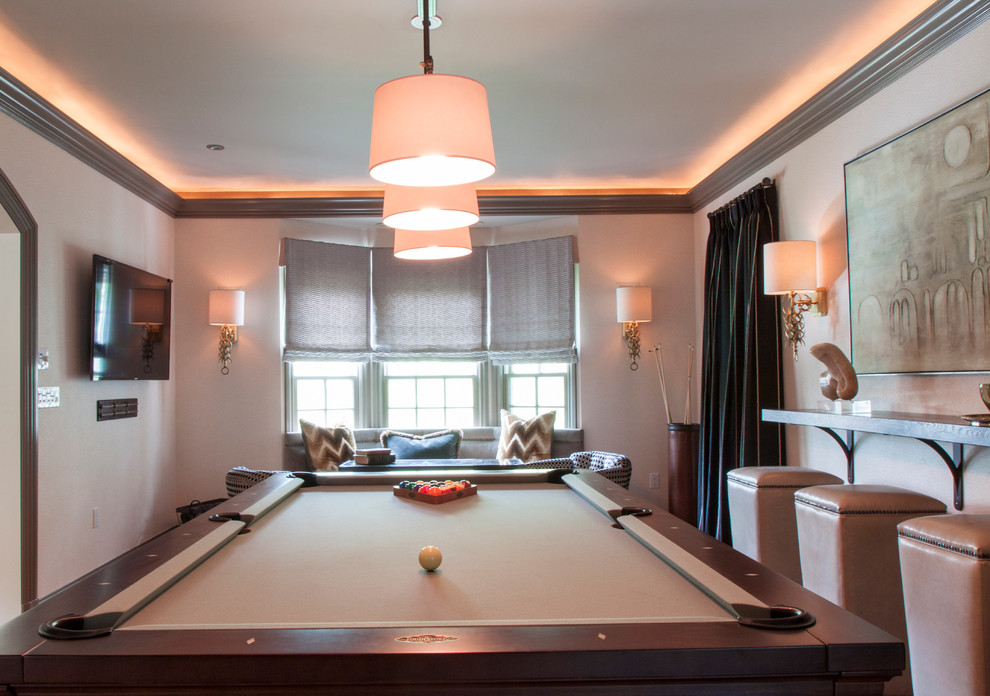 This is an example of a transitional family room in New York with a game room.