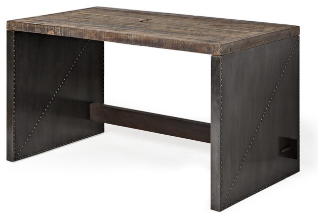 Korbin Office Desk Rustic Wood Top And Metal Cladded Sides