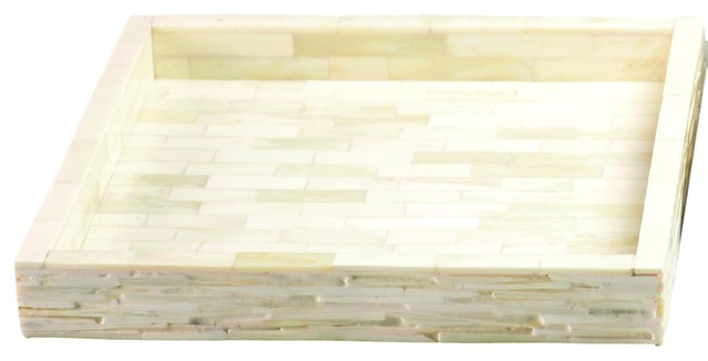 Elegant Natural White Tiled Square Decorative Tray, 12" Inlaid Serving Cream