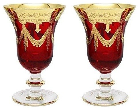 Interglass Italy Set of 2 Crystal Glasses, 24K Gold-Plated (Wine Goblets, Red)