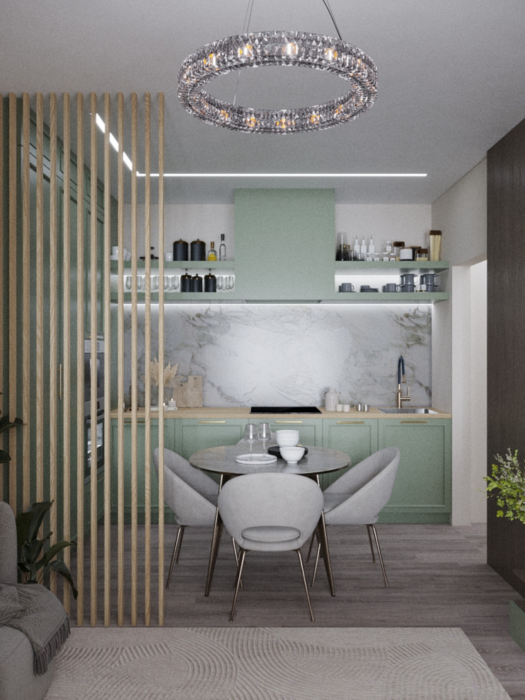 Дизайн кухни-гостиной в оливковом цвете