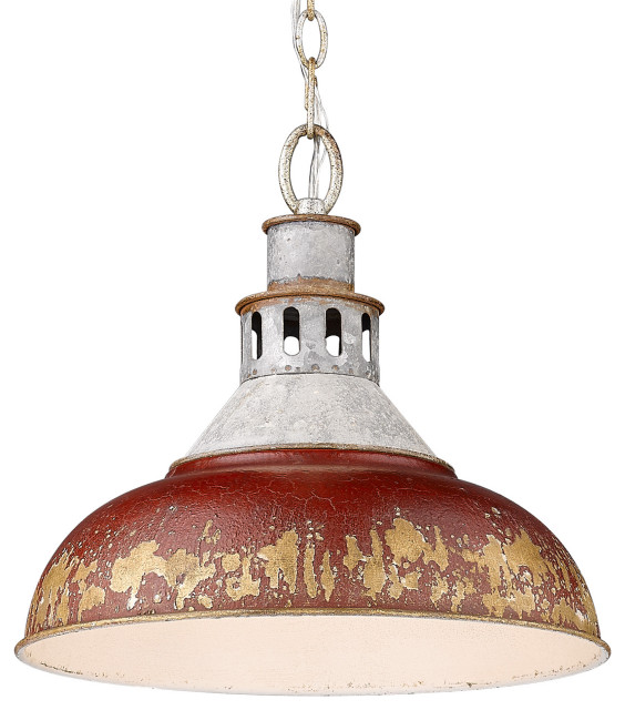 Kinsley Large Pendant, Aged Galvanized Steel With Antique Red Shade