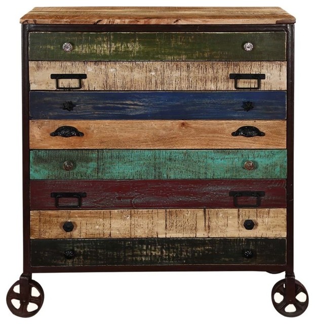 Rustic Rainbow Industrial Style Rolling 8 Drawer Accent Dresser