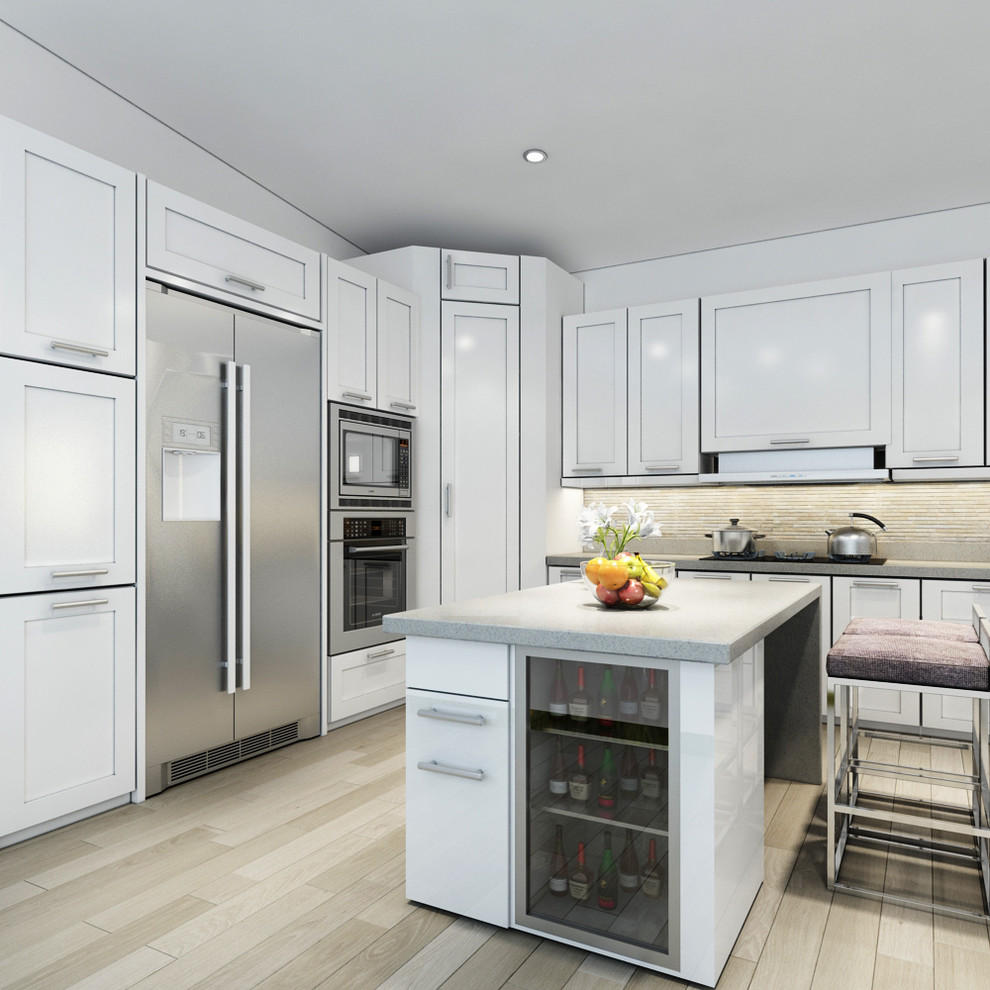 This is an example of a modern u-shaped kitchen in Orlando with shaker cabinets, white cabinets, quartz benchtops, beige splashback, glass sheet splashback, stainless steel appliances and with island.