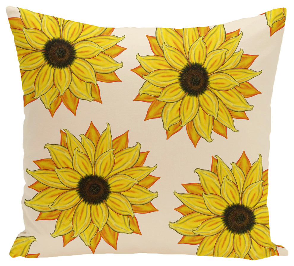 Sunflower Power Flower Print Pillow, Yellow, 26"x26"