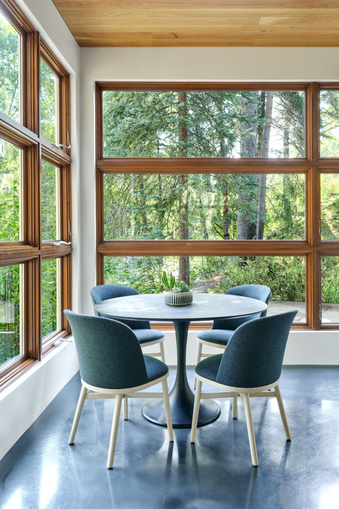 Aménagement d'une salle à manger contemporaine avec un mur blanc, sol en béton ciré, un sol bleu et un plafond en bois.