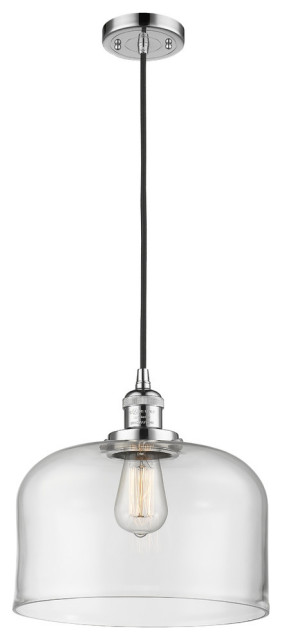 1-Light Large Bell 12" Pendant, Polished Chrome, Glass: Clear