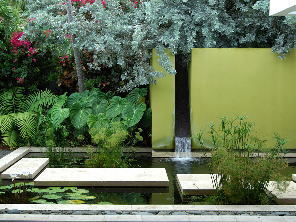Design ideas for a contemporary garden in Miami with a water feature.