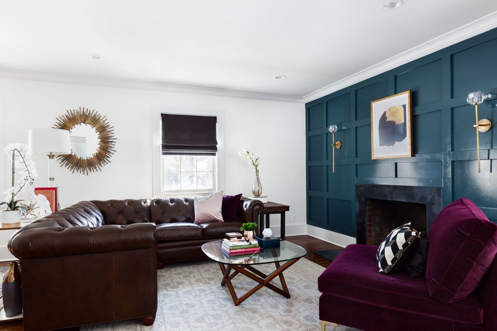 Inspiration for a transitional living room remodel in New York with a standard fireplace