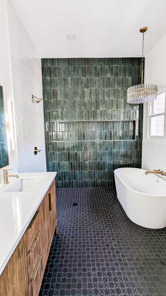 Large transitional master green tile and ceramic tile black floor and shiplap ceiling freestanding bathtub photo in Austin with furniture-like cabinets, medium tone wood cabinets, green walls, an undermount sink, quartz countertops, white countertops, a niche and a built-in vanity