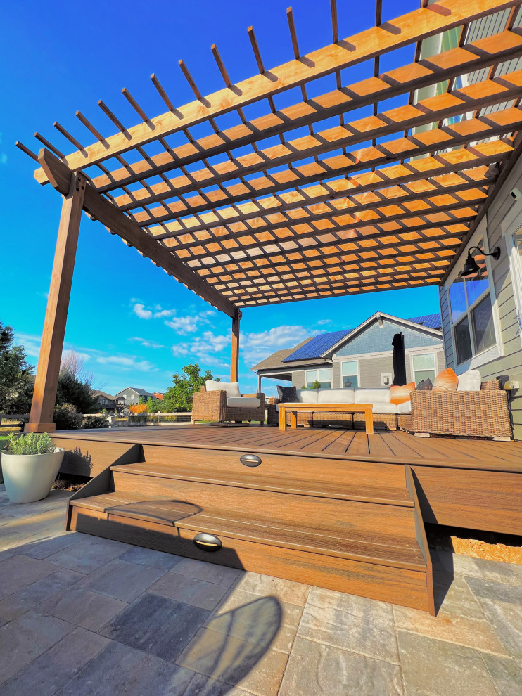 Foto di una terrazza design di medie dimensioni, dietro casa e a piano terra con un focolare e una pergola