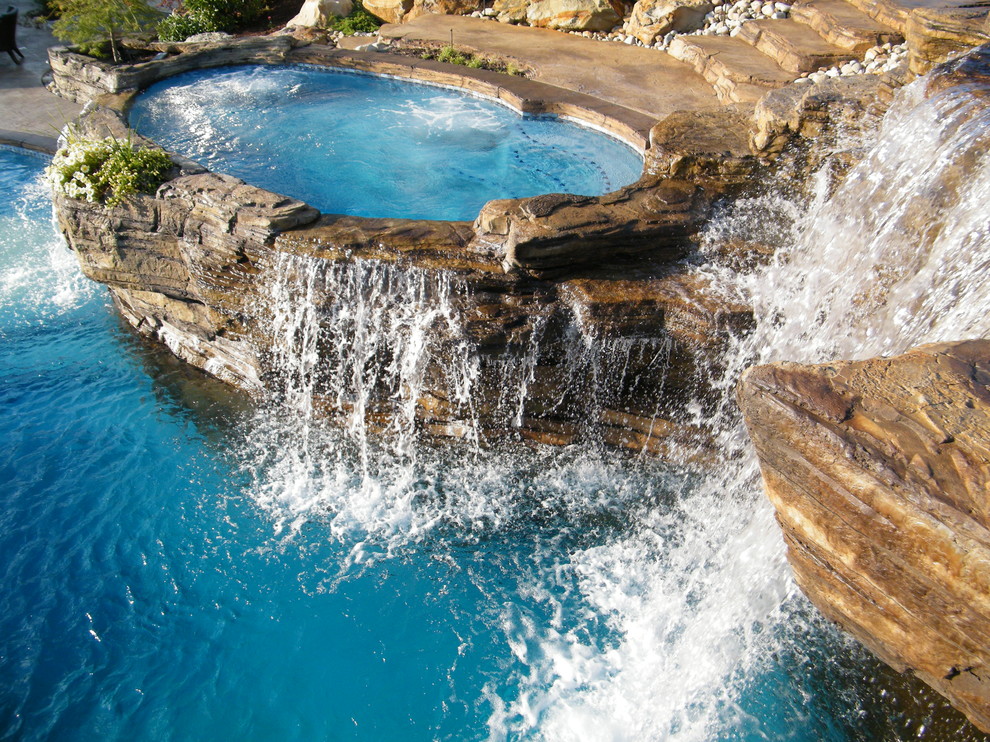 Inspiration for a tropical natural pool in Other with a water feature.