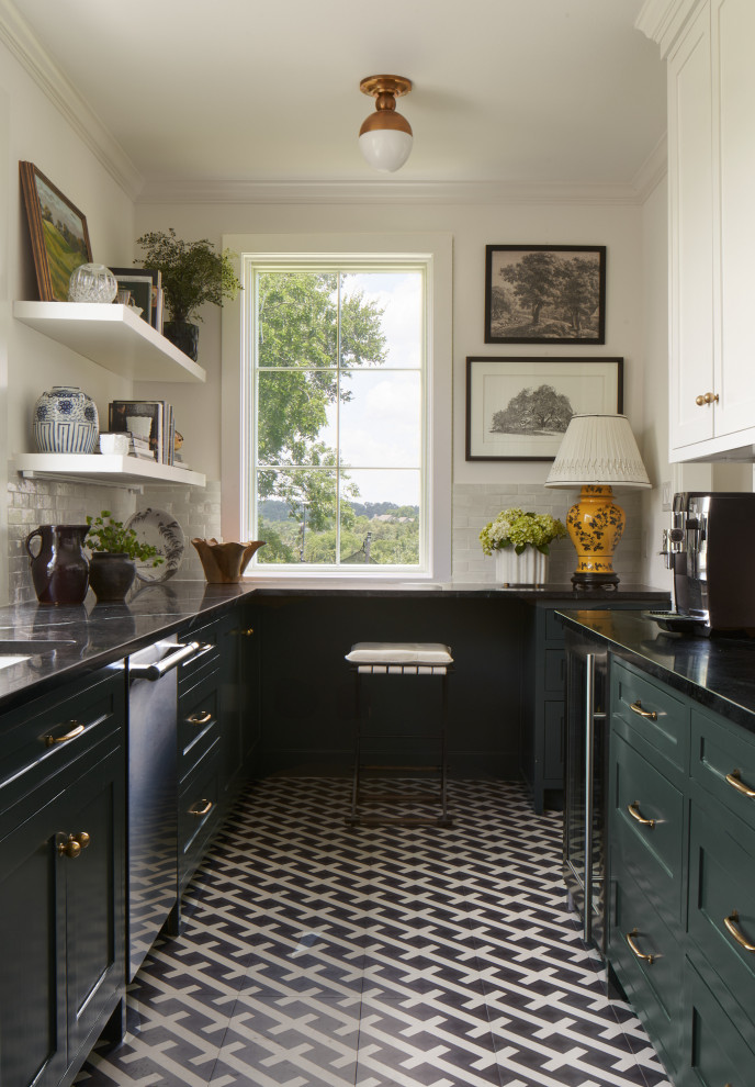 Inspiration for a large classic galley enclosed kitchen in Austin with a submerged sink, shaker cabinets, green cabinets, soapstone worktops, white splashback, terracotta splashback, stainless steel appliances, painted wood flooring, no island and grey worktops.