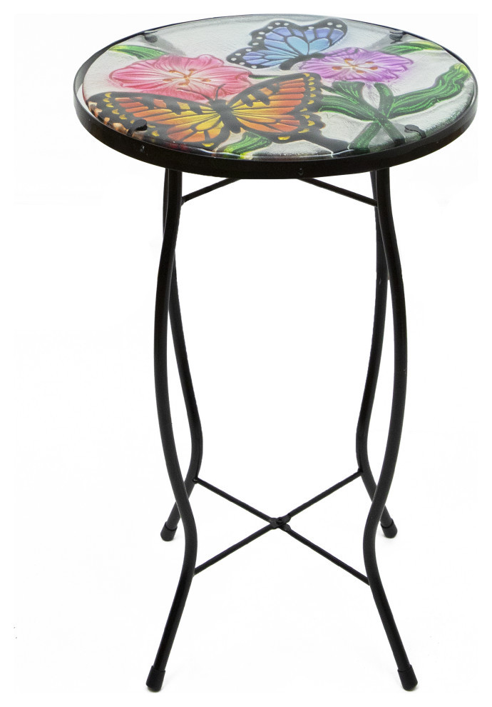 19" Floral and Butterfly Glass Patio Side Table Contemporary