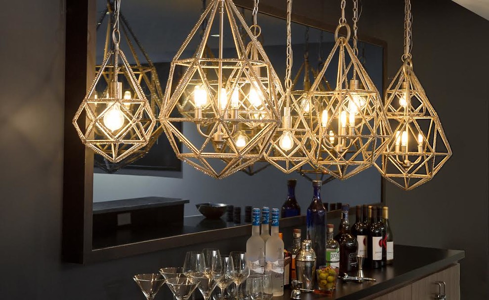 Transitional dark wood floor and brown floor home bar photo with an undermount sink, shaker cabinets, white cabinets, wood countertops, white backsplash and mosaic tile backsplash