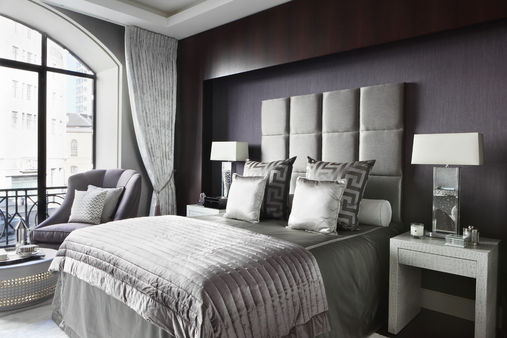 Inspiration for a contemporary master bedroom in London with grey walls.