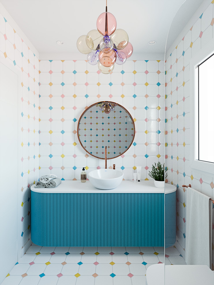 На фото: маленькая, узкая и длинная детская ванная комната в современном стиле с белыми фасадами, синей плиткой, белыми стенами, настольной раковиной, разноцветным полом, белой столешницей, тумбой под одну раковину, подвесной тумбой и плоскими фасадами для на участке и в саду