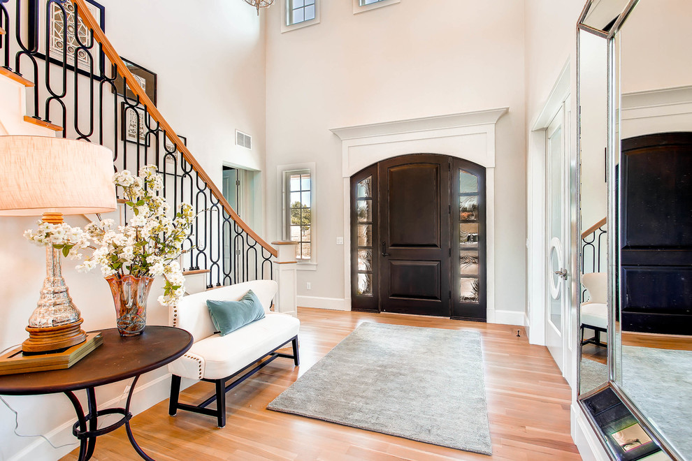 This is an example of a transitional foyer in Denver with beige walls, light hardwood floors, a single front door and a dark wood front door.