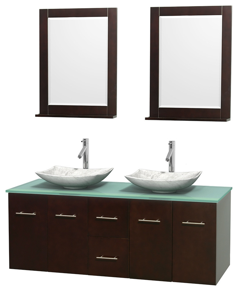 Centra 60" Espresso Double Vanity, Green Glass Top, White Carrera Marble Sinks