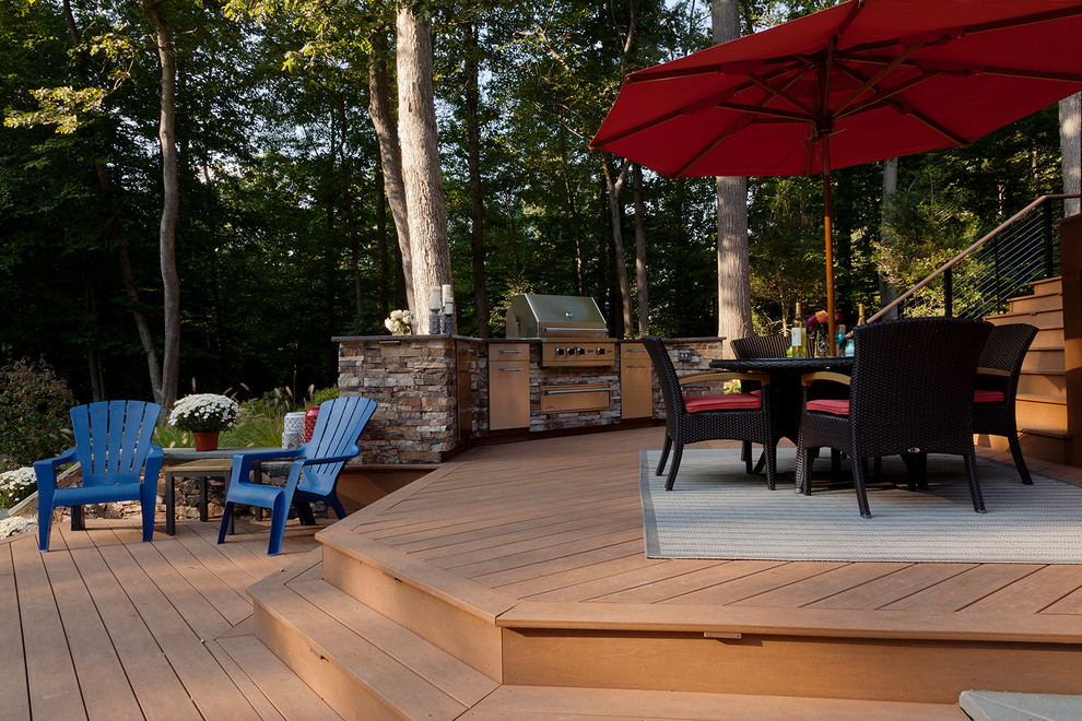 Photo of a large eclectic backyard deck in DC Metro with an outdoor kitchen and no cover.