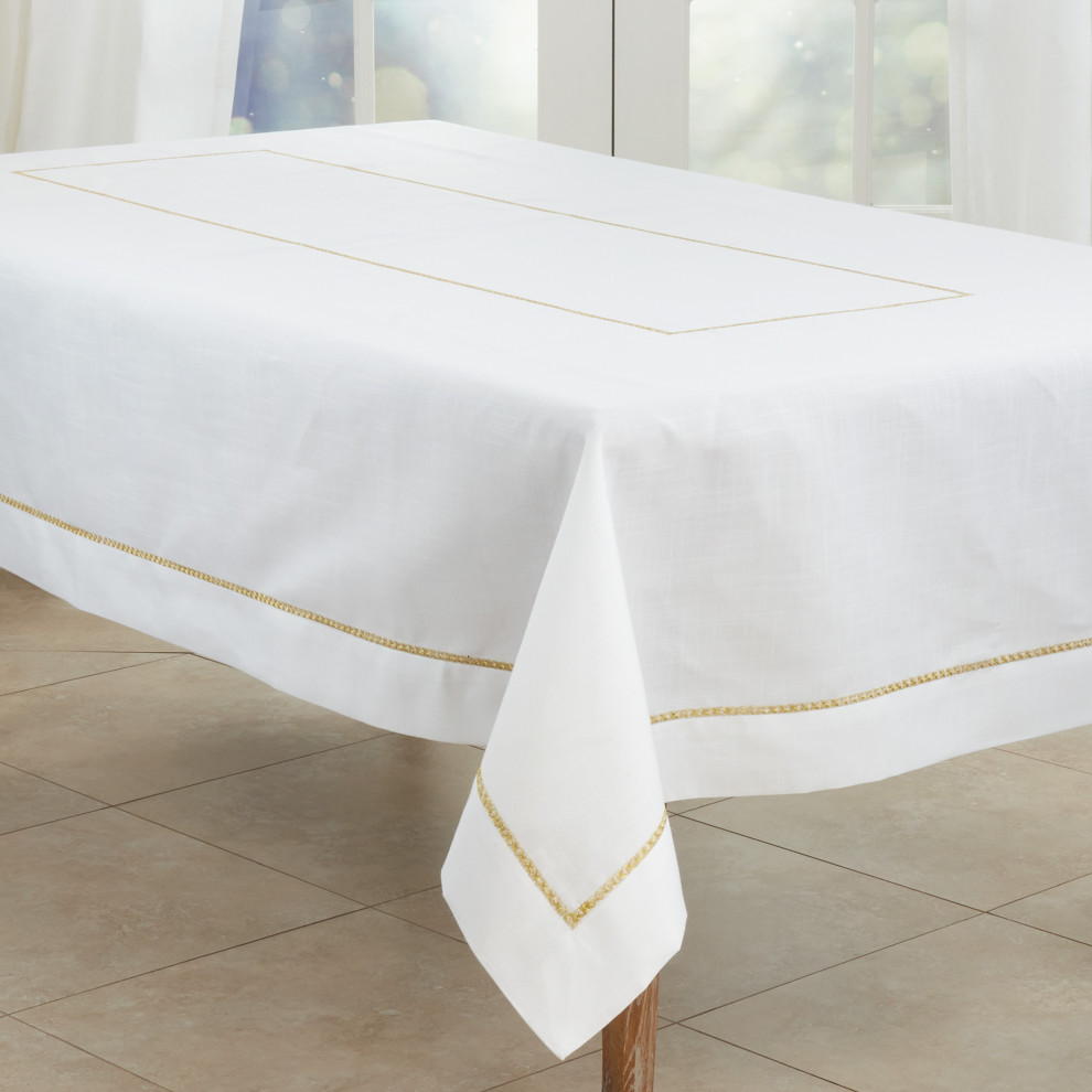 Tablecloth With Embroidered Border Design, 65"x180" Contemporary Tablecloths by Saro