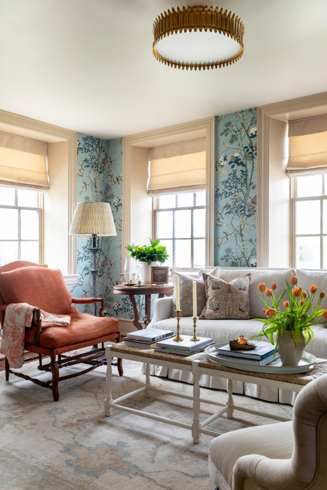 Living room - cottage wallpaper living room idea in Salt Lake City with multicolored walls