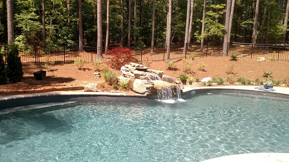 Large transitional backyard custom-shaped and concrete paver natural pool fountain photo in Raleigh
