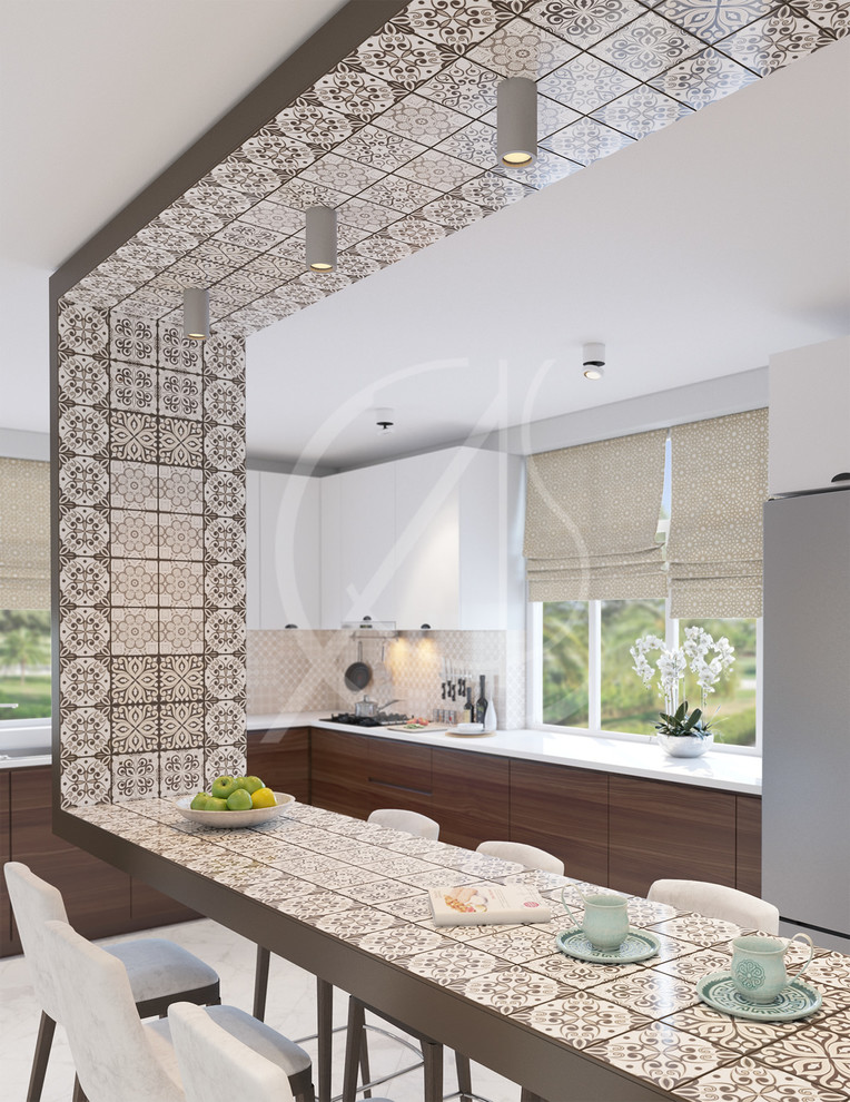 Design ideas for a mid-sized modern u-shaped eat-in kitchen in London with a drop-in sink, flat-panel cabinets, brown cabinets, beige splashback, ceramic splashback, stainless steel appliances, marble floors, with island and beige floor.