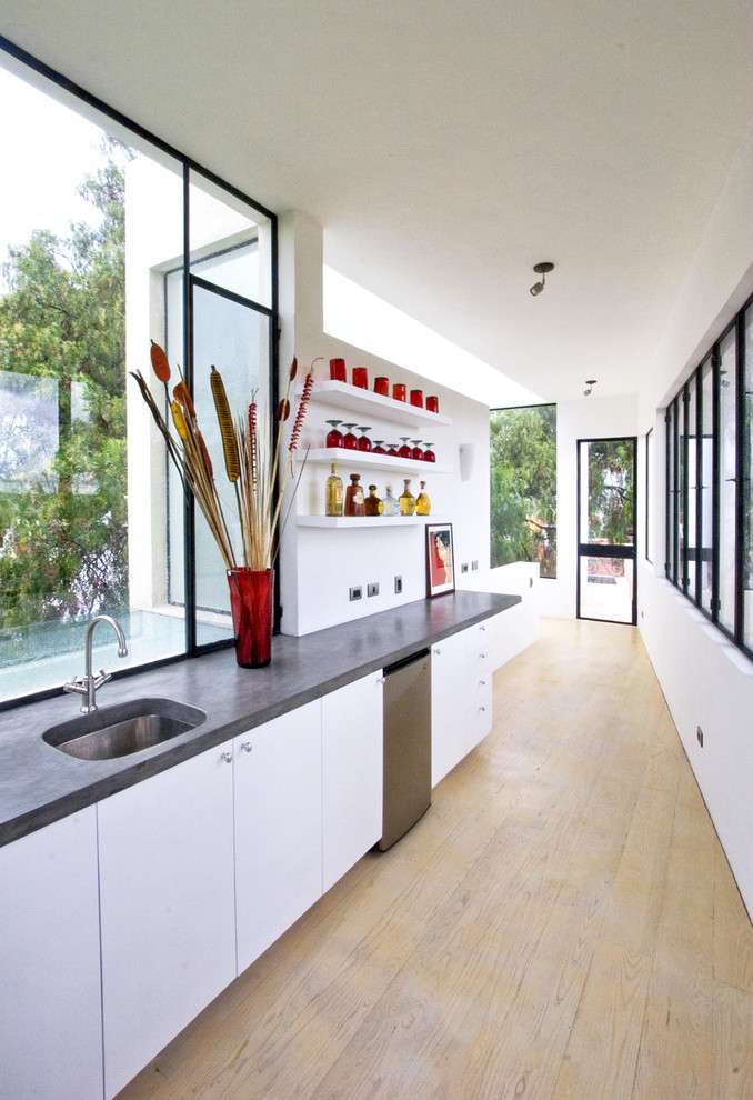 Design ideas for a separate kitchen in Mexico City with flat-panel cabinets, white cabinets, stainless steel appliances and concrete benchtops.