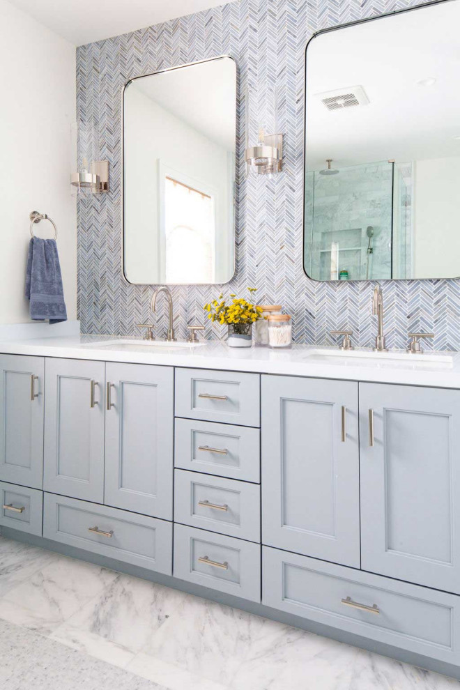 Transitional bathroom in Other with recessed-panel cabinets, grey cabinets, gray tile, mosaic tile, an undermount sink, white floor, white benchtops, a double vanity and a built-in vanity.
