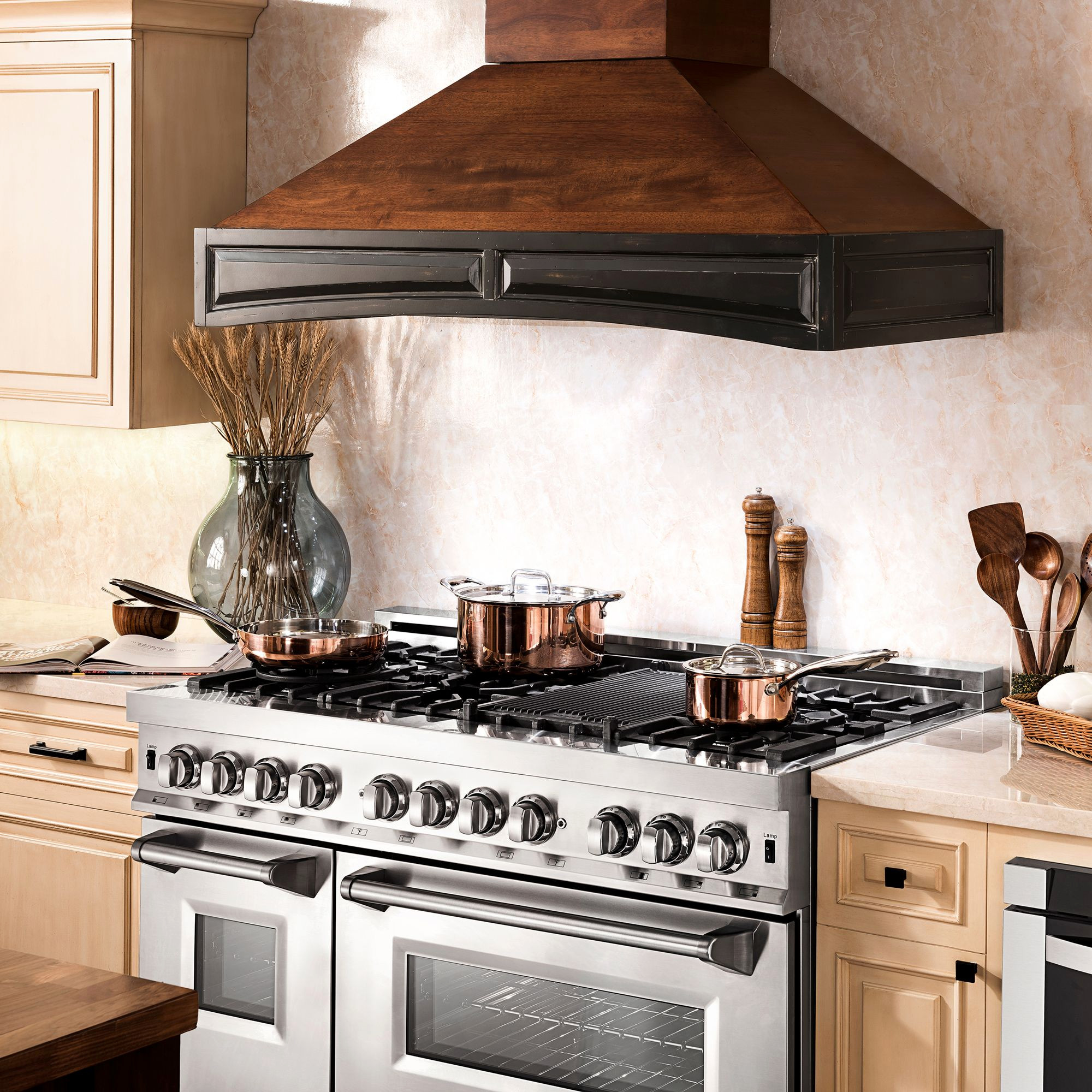 Kitchens featuring a ZLINE Wooden Wall Range Hood