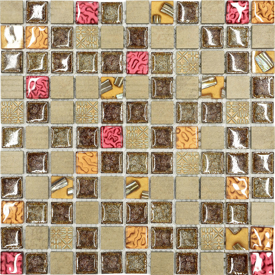 Burgundy Brown Gold Glass Mosaic Kitchen Backsplash Tile, 12"x12"