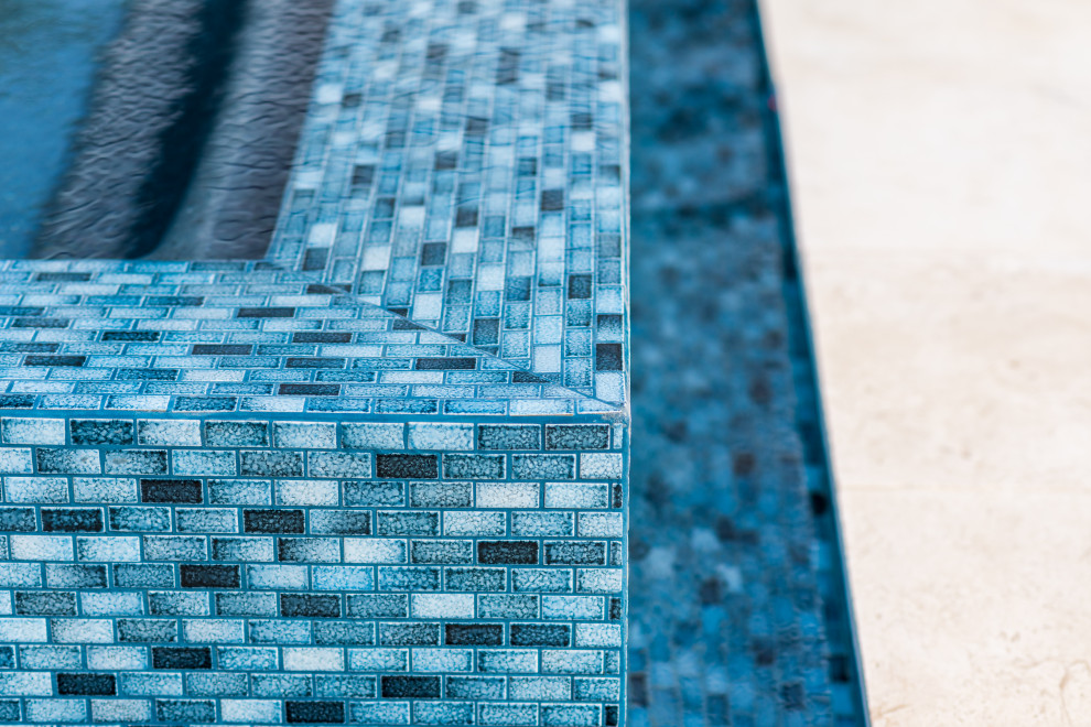 Mid-sized transitional backyard stone and custom-shaped pool photo in Dallas