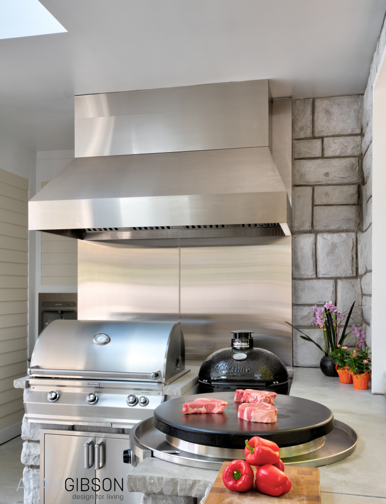 Foto på ett mellanstort funkis l-kök, med rostfria vitvaror