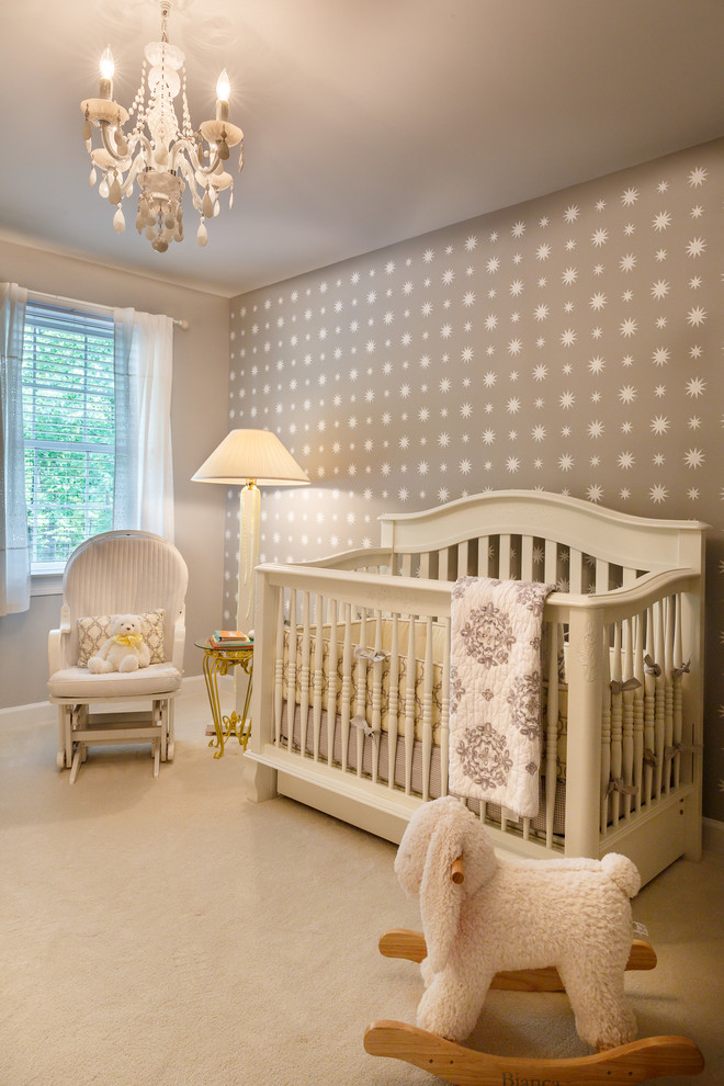 Photo of a mid-sized transitional nursery for girls in DC Metro with grey walls, carpet and white floor.