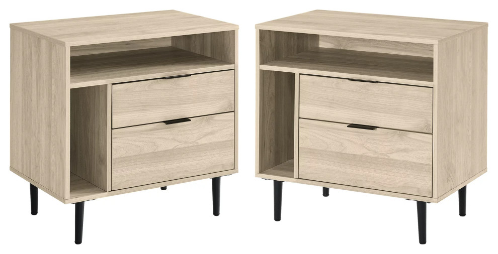 Set of 2 Nightstand, Tapered Legs With 2 Drawers & 2 Open Shelves, Birch