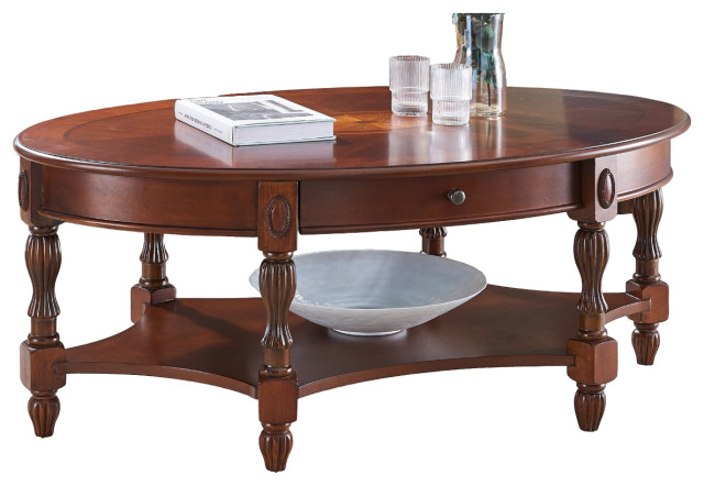 Vintage Oval Coffee Table with 2-Tier Solid Wood and Storage Drawer ...