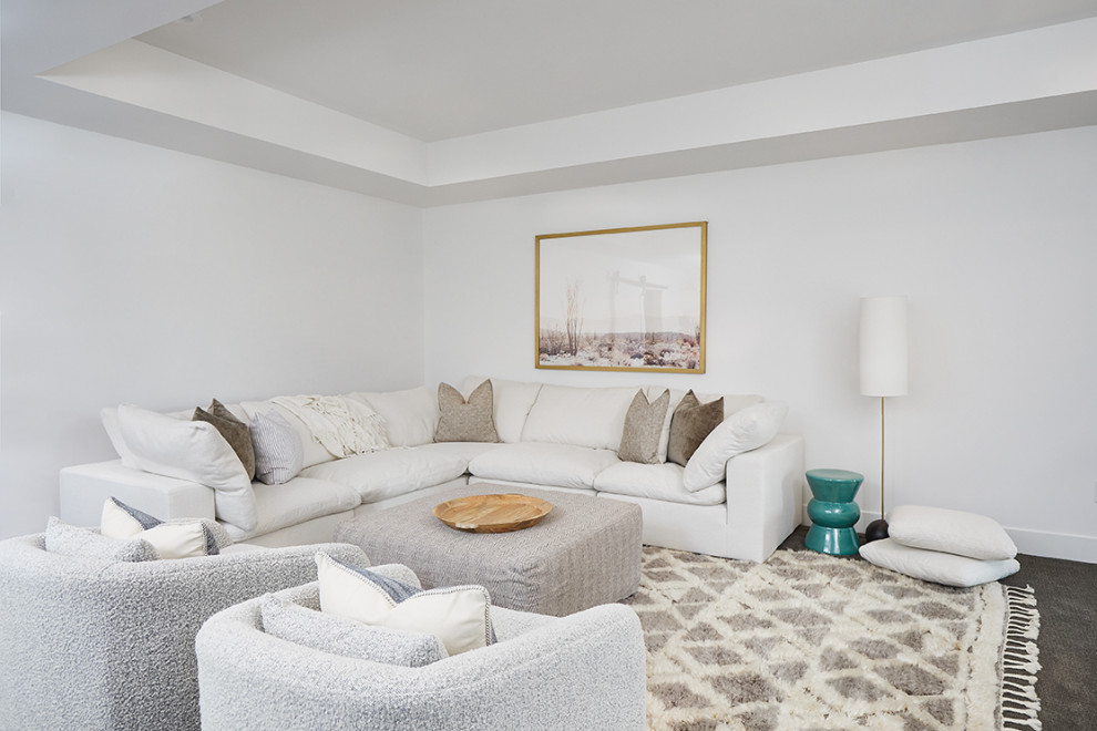 Immagine di un soggiorno design di medie dimensioni e chiuso con pareti bianche, moquette, pavimento grigio e soffitto a cassettoni