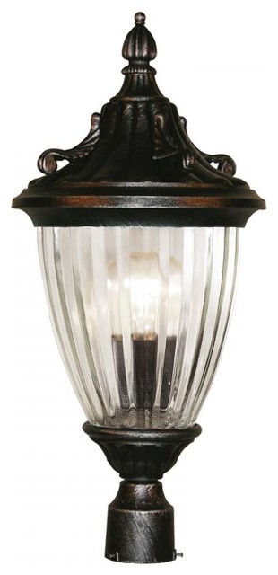 One Light Black Silver Ribbed Semi Clear Glass Post Light