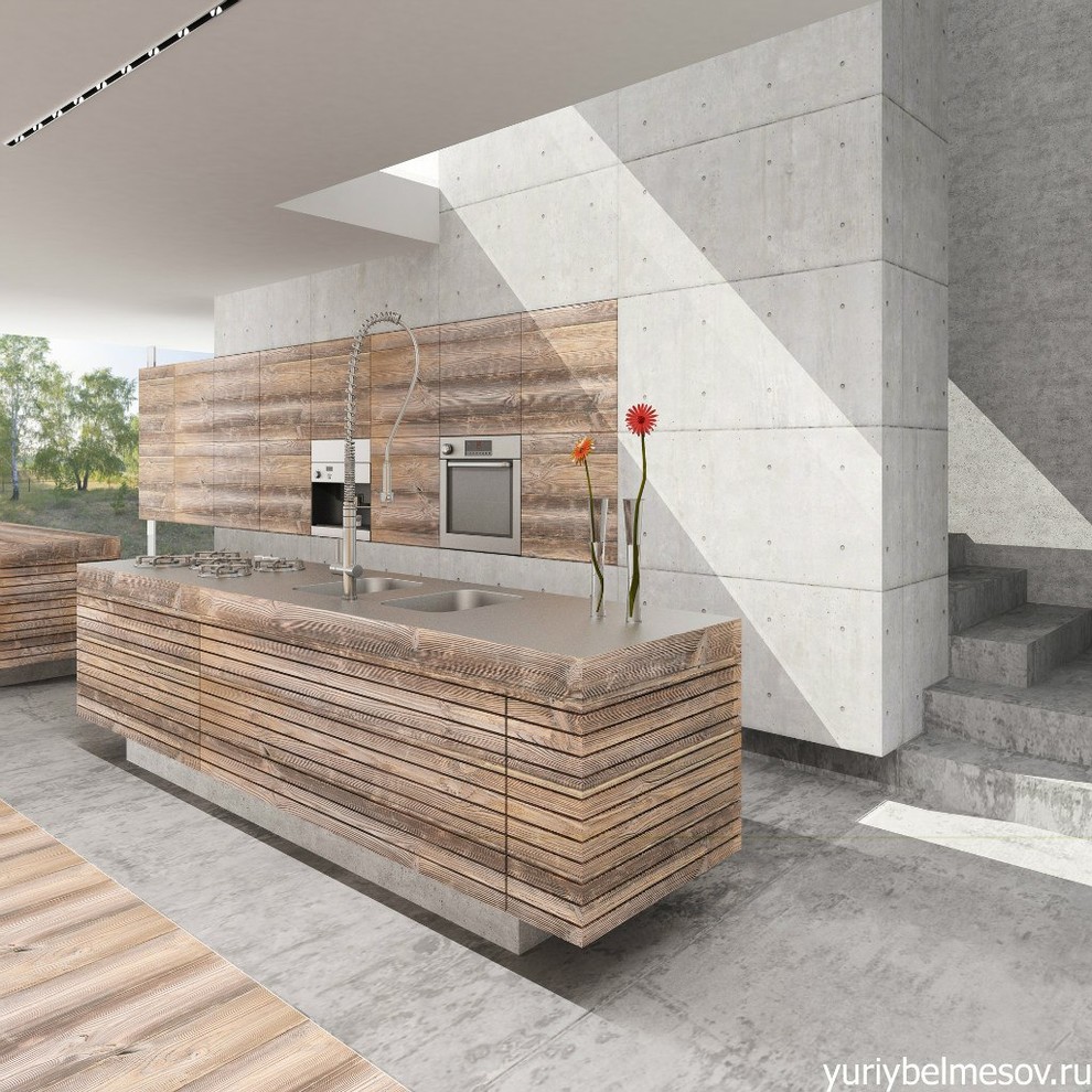 Кухня старого дерева в новом бетоне.