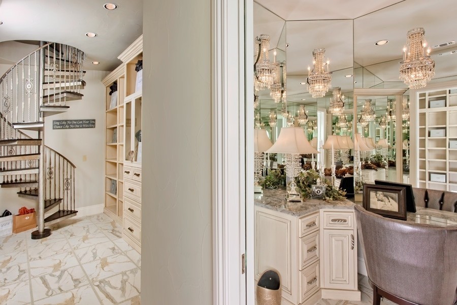 Example of a large master gray tile bathroom design in Austin with raised-panel cabinets, white cabinets, granite countertops and white walls