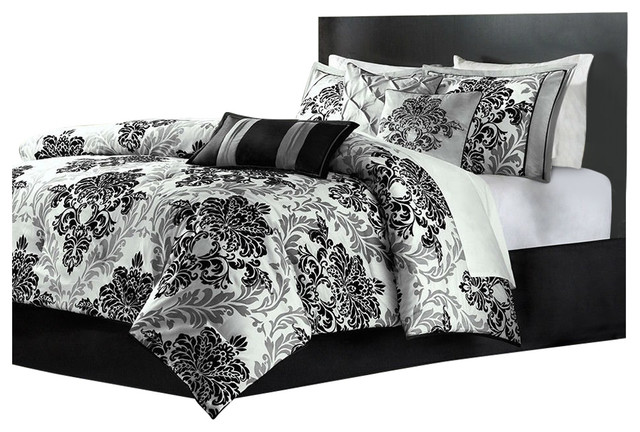 Queen Size 7 Piece Damask Comforter Set In Black White Grey