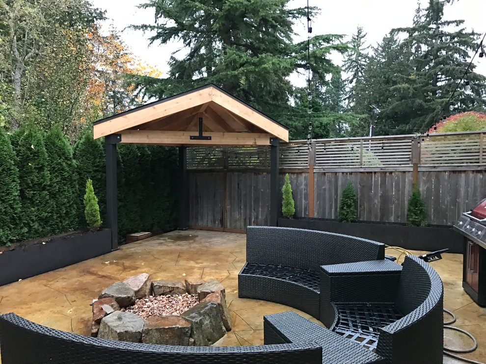 Woodwork: patio cover, patio, fire pit and steel planter beds