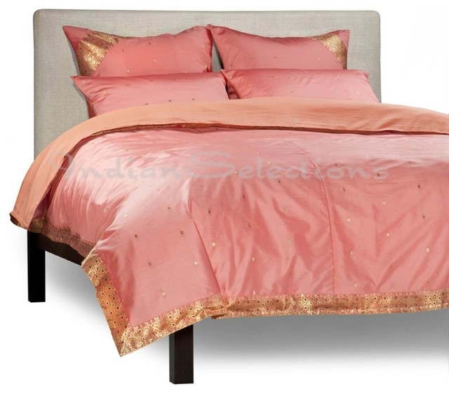 Pink 5 Piece Handmade Sari Duvet Cover Set With Pillow Covers